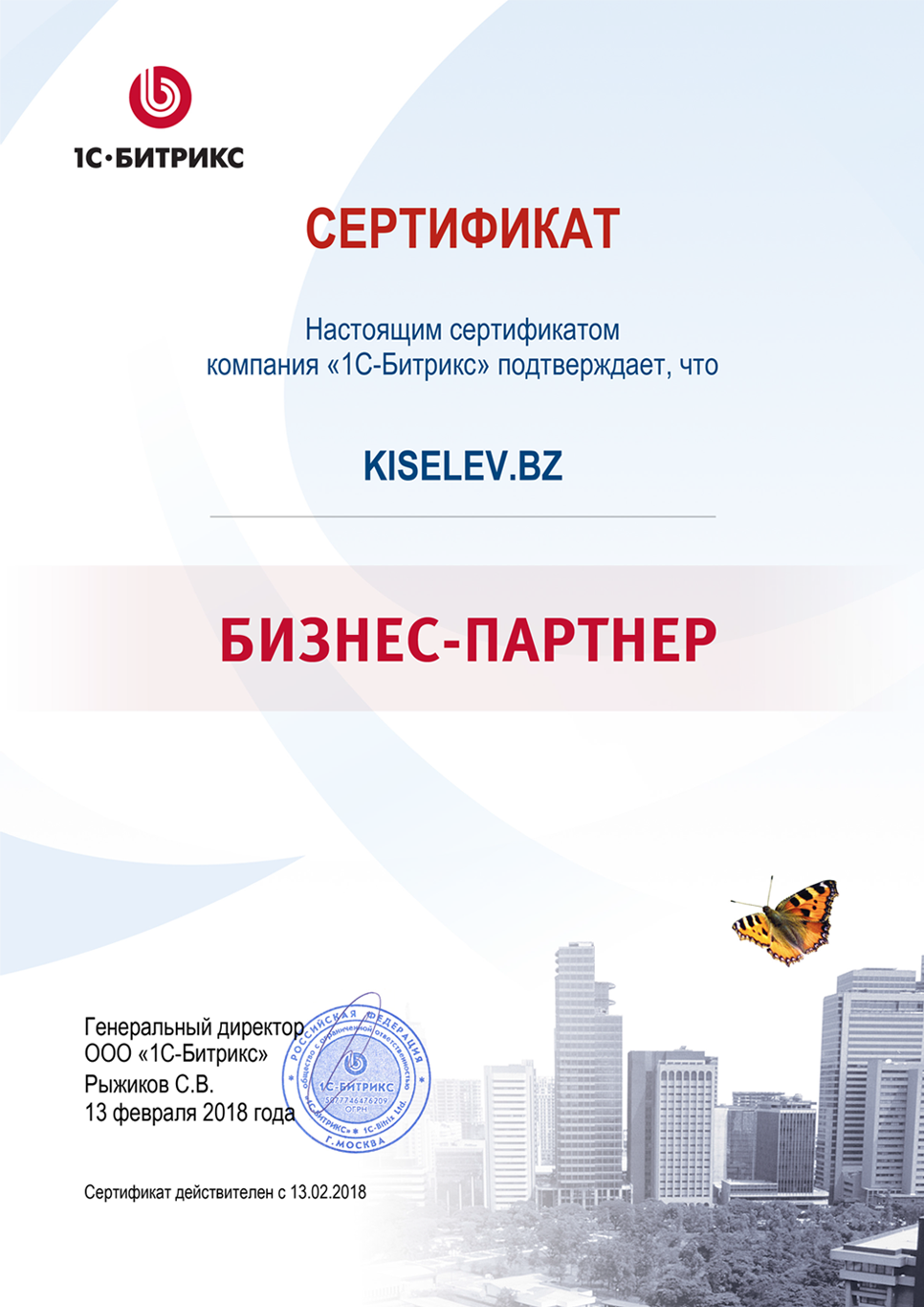 Сертификат партнёра по СРМ системам в Заречном